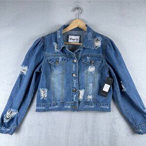 NWT Between Us Denim Jean Jacket Womens Size Small Distressed 100% Cotton Blue